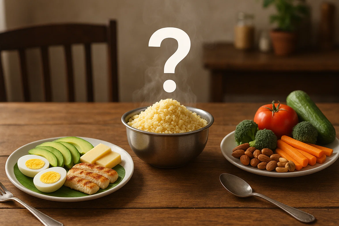 Two plates of food are displayed alongside a large question mark, suggesting uncertainty about the meal choices.
